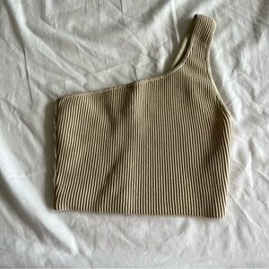 Babaton Beige Ribbed One-Shoulder Top